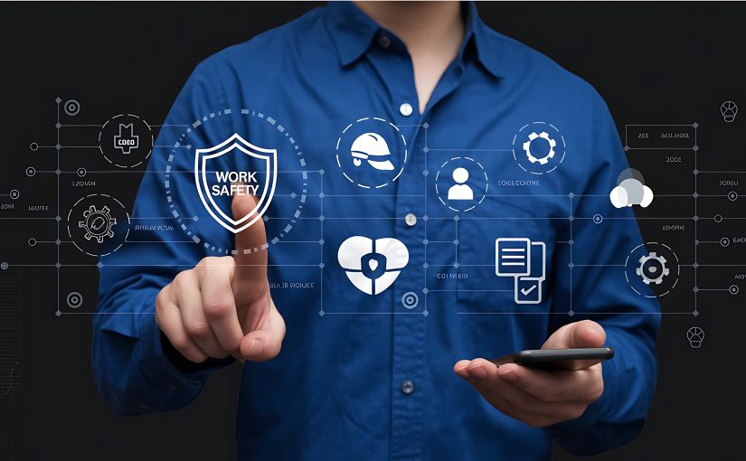 Man pointing to a digital work safety shield icon surrounded by health, hard hat, and compliance icons on a dark background.